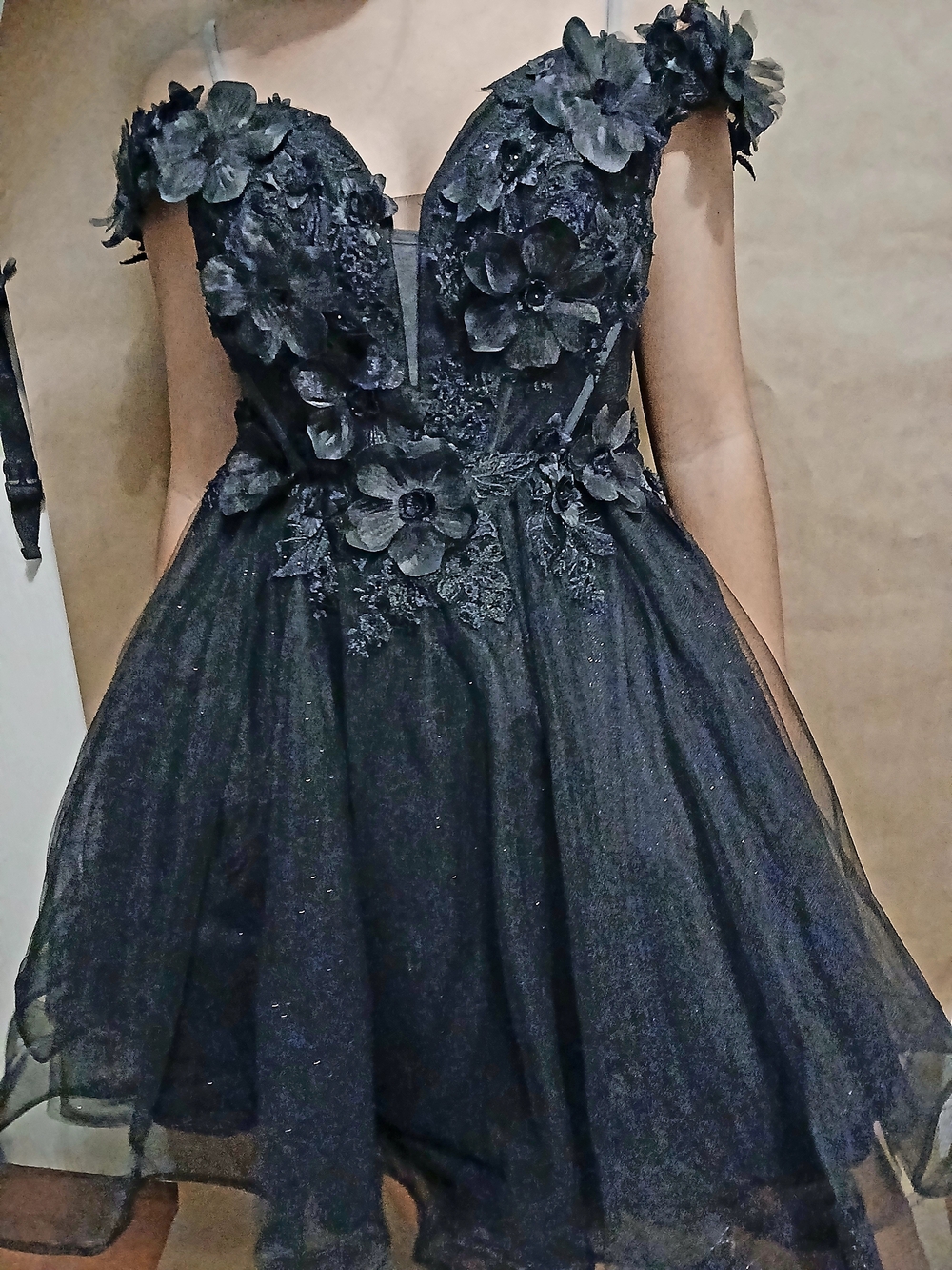 Black Floral Appliqué Off-Shoulder Party Dress